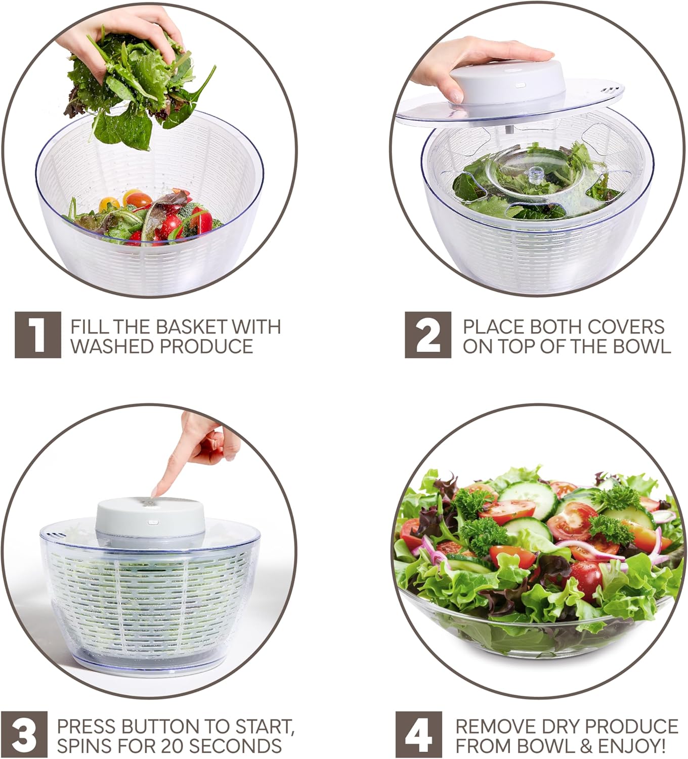 COOK WITH COLOR Electric Salad Spinner, Round 4.5L Capacity – Fast Drying & Easy Spin for Fresh Greens, Cream