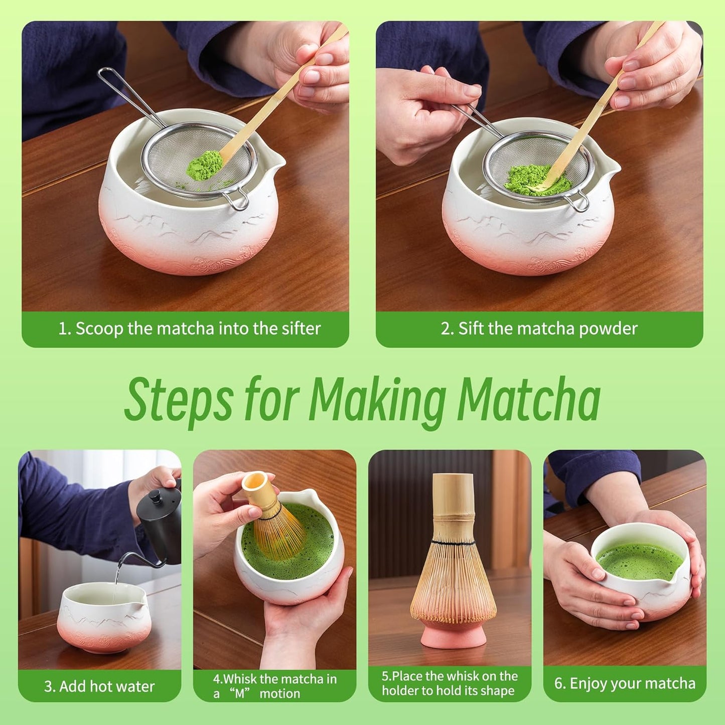 TEANAGOO 7 Pcs Matcha Whisk Set, Pink Matcha Set, Ceremony Matcha Powder Kit,Matcha Tea Set for Making Latte,Matcha Whisk Set and Bowl with Scoop&Sifter,Fuji Design Ceramic Bowl,Gift for Matcha Lovers