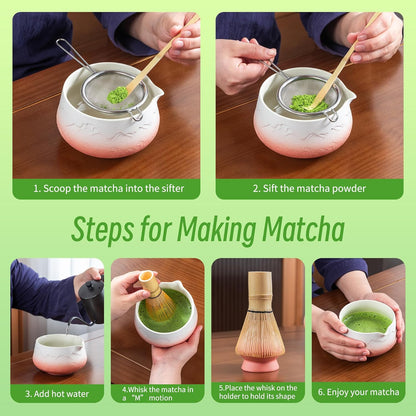 TEANAGOO 7 Pcs Matcha Whisk Set, Pink Matcha Set, Ceremony Matcha Powder Kit,Matcha Tea Set for Making Latte,Matcha Whisk Set and Bowl with Scoop&Sifter,Fuji Design Ceramic Bowl,Gift for Matcha Lovers