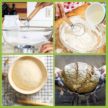 3PCS Danish Dough Whisks, Kalolary Premium Mixing Whisk Tools for Kitchen Baking Wooden Handle Stainless Steel Manual Dough Mixer Bread Cake Making(3 Size Included)