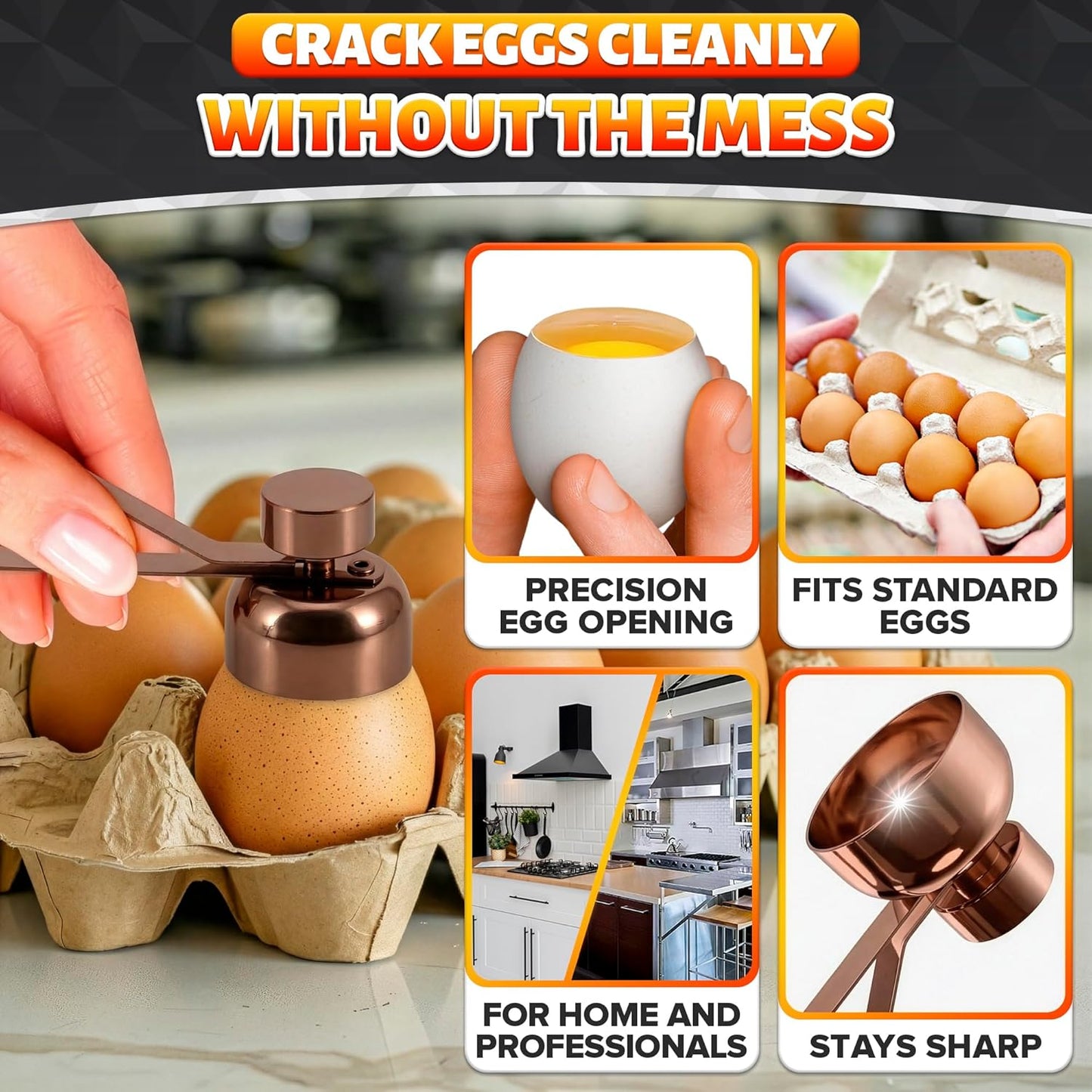 Egg Cracker Tool for Raw Eggs — Egg Shell Opener for Soft-Boiled Shell Tops, Stainless Steel Topper with Ergonomic Adjustable Effort — Clean Cut Design for Breakfast Prep, Custards, & Baking (Silver)