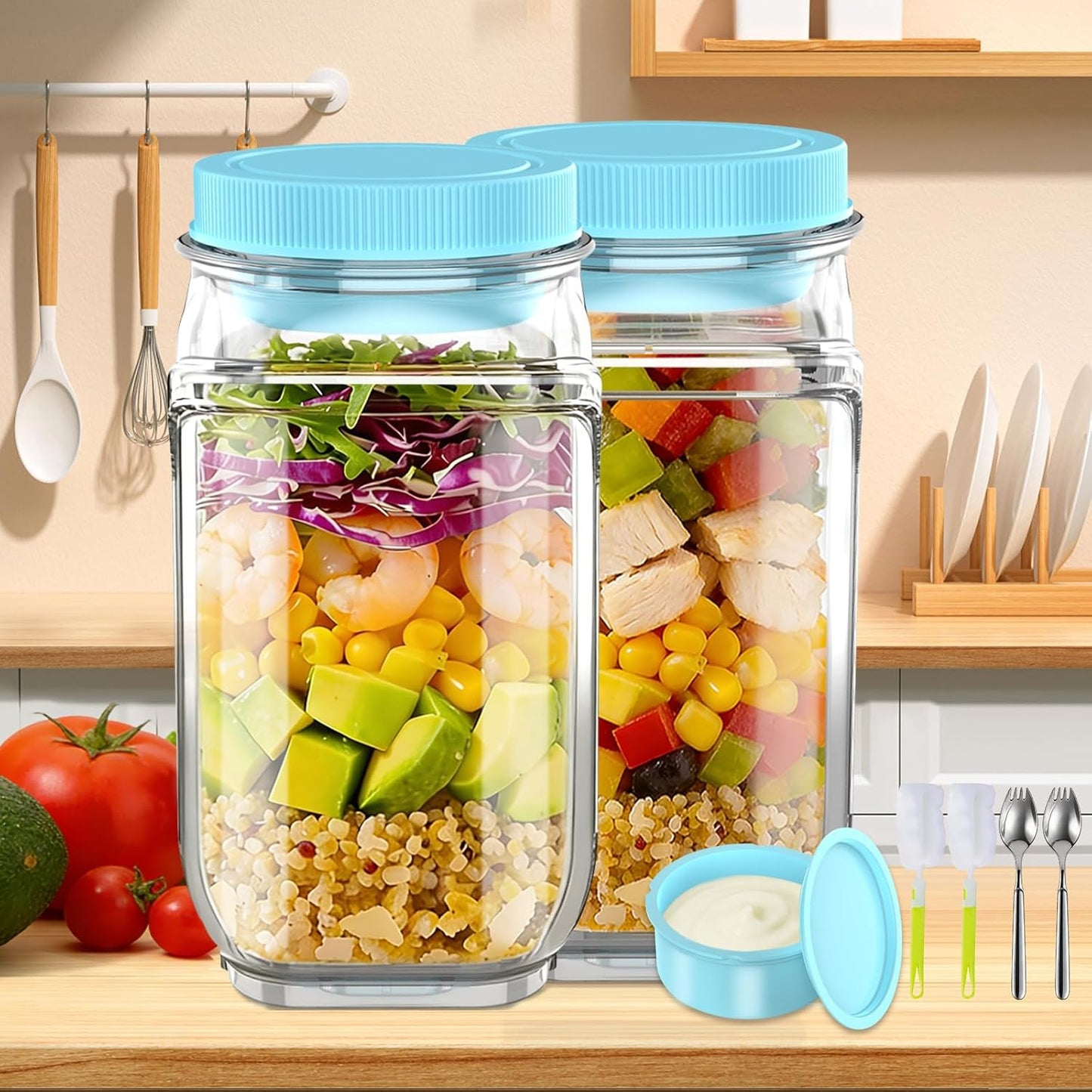 FNHMSL Side-Opening Mason Salad Jar, Portable (35 oZ) 1000ml Salad Container with Leakproof Dressing Cup, Includes Spoon and Cleaning Brush, Perfect for Meal Prep, Gym, Office, Picnic and Travel