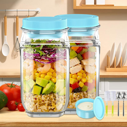 FNHMSL Side-Opening Mason Salad Jar, Portable (35 oZ) 1000ml Salad Container with Leakproof Dressing Cup, Includes Spoon and Cleaning Brush, Perfect for Meal Prep, Gym, Office, Picnic and Travel