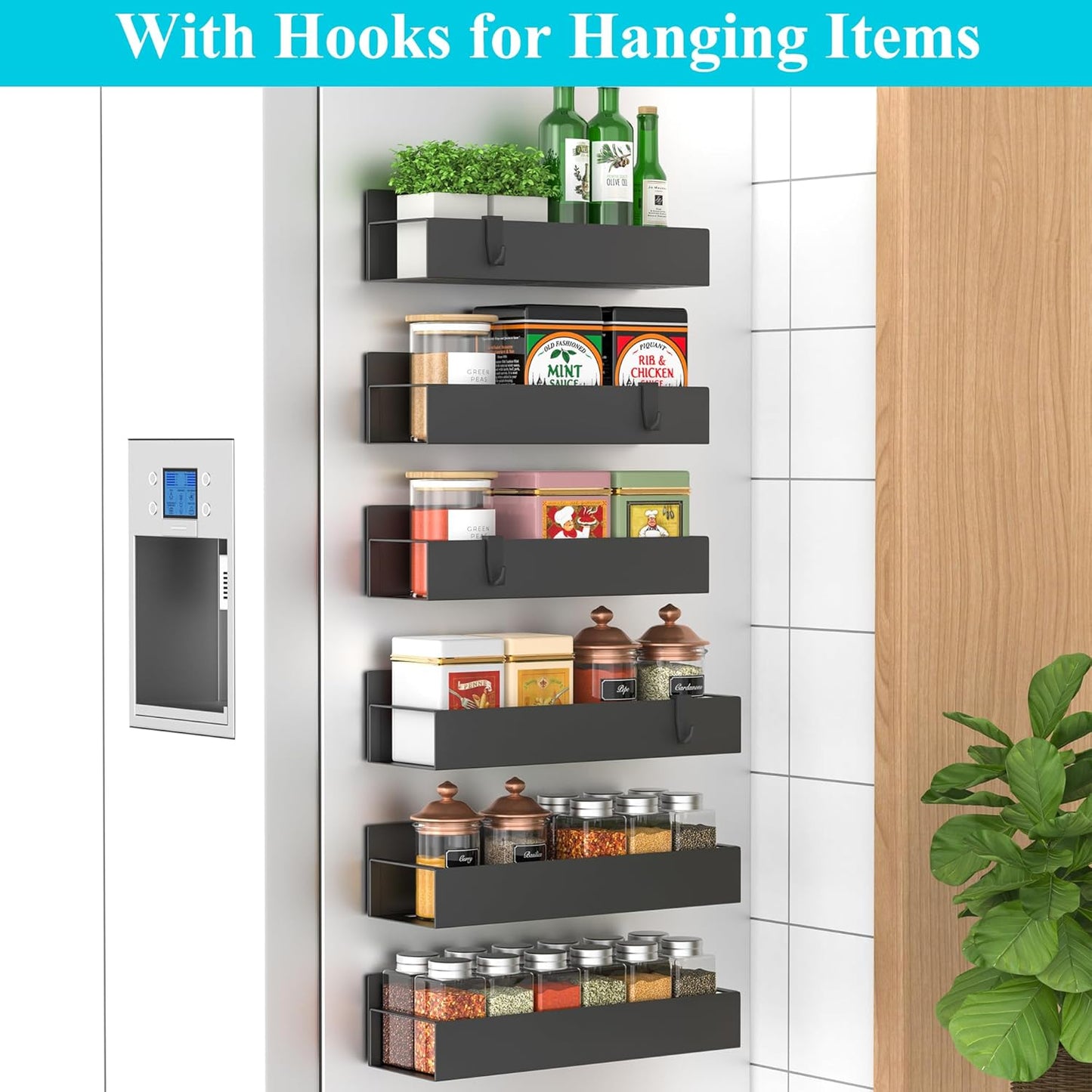 HuggieGems Metal 4 Pack Magnetic Spice Storage Rack Organizer for Refrigerator and Oven, Black Fridge Organizers and Storage, Metal