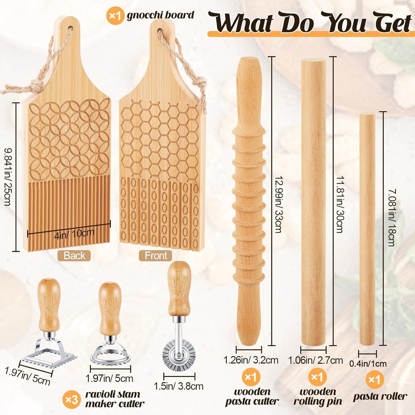Tioncy 7 Pcs Pasta Making Tool Set Kitchen Gift, Wood Gnocchi Board with Ravioli Stamp Ravioli Maker Rolling Pin Gnocchi Garganelli Italian Pasta Tools for Beginners Home Cooks