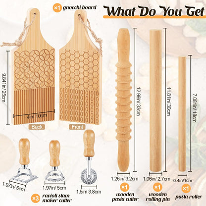 Tioncy 7 Pcs Pasta Making Tool Set Kitchen Gift, Wood Gnocchi Board with Ravioli Stamp Ravioli Maker Rolling Pin Gnocchi Garganelli Italian Pasta Tools for Beginners Home Cooks