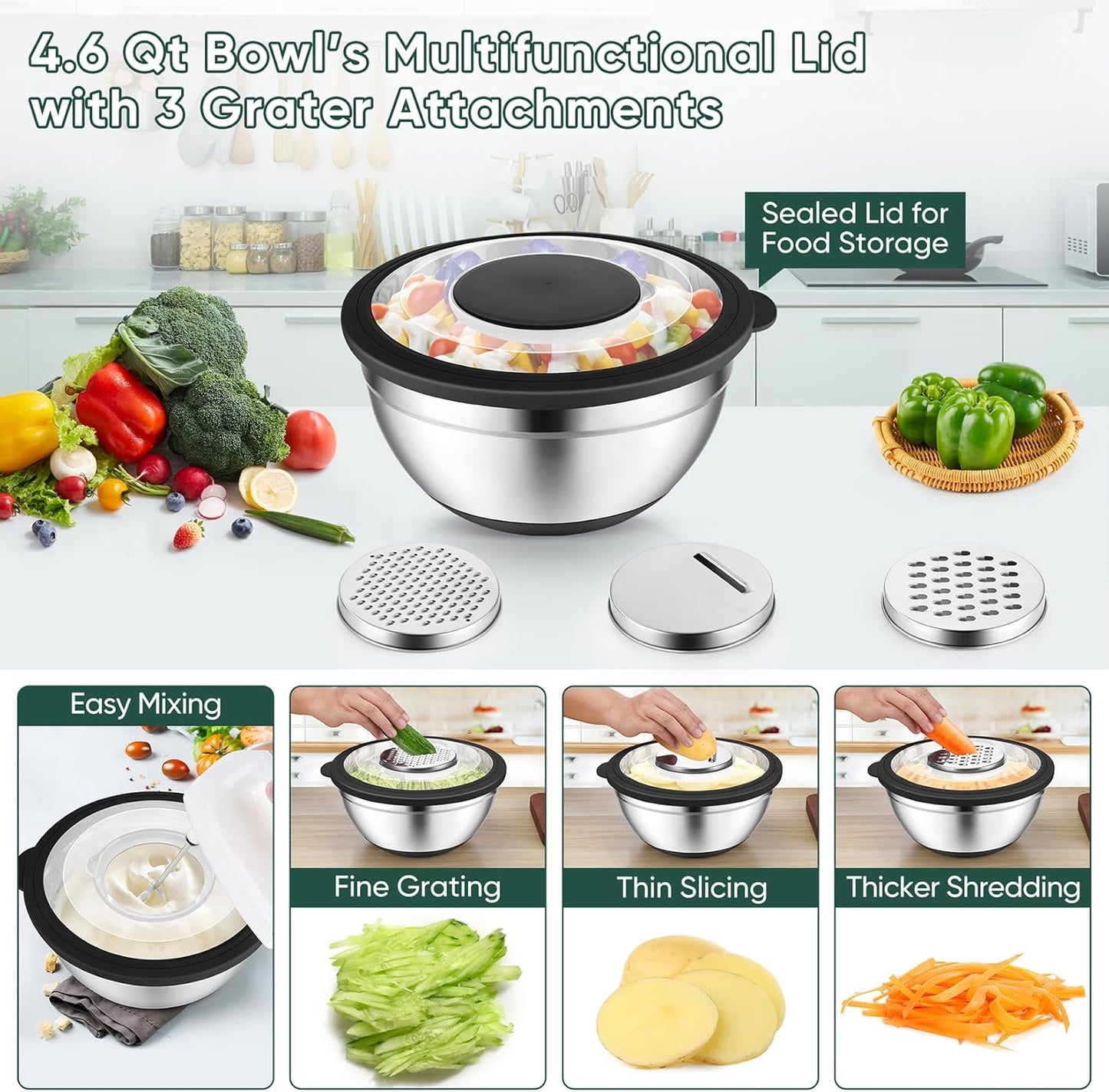 P&P CHEF Mixing Bowls with Lids Set of 3, Stainless Steel Mixing Bowl and Colander for Kitchen, 3 Grater Attachments & Non-Slip Bottoms, Visible & Airtight Lid, Khaki