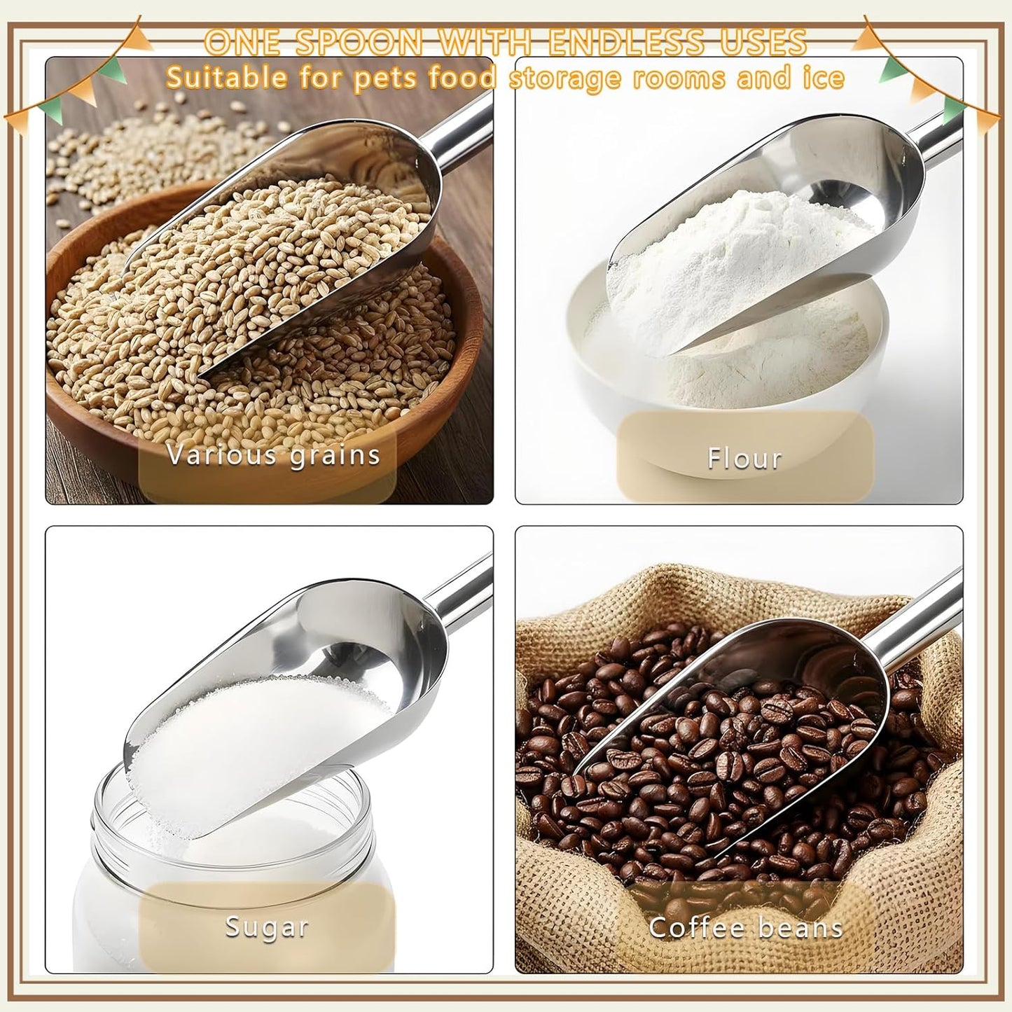 Dog and Cat Food Scoop, 1 Cup Stainless Steel Measuring Scooper with Long Handle for Pet Food, Ice Machine & Freezer, Easy to Clean & Store
