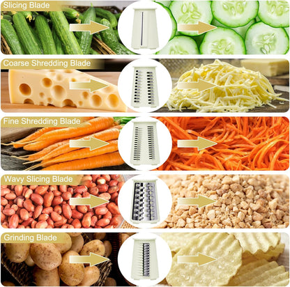5 in 1 Cheese Grater with Rotary Hand Crank - Vegetable Chopper with Replaceable Stainless Blades, Strong Suction Base, Handle, Blade Storage Box, Easy-Clean Multipurpose Kitchen Slicer (Green)