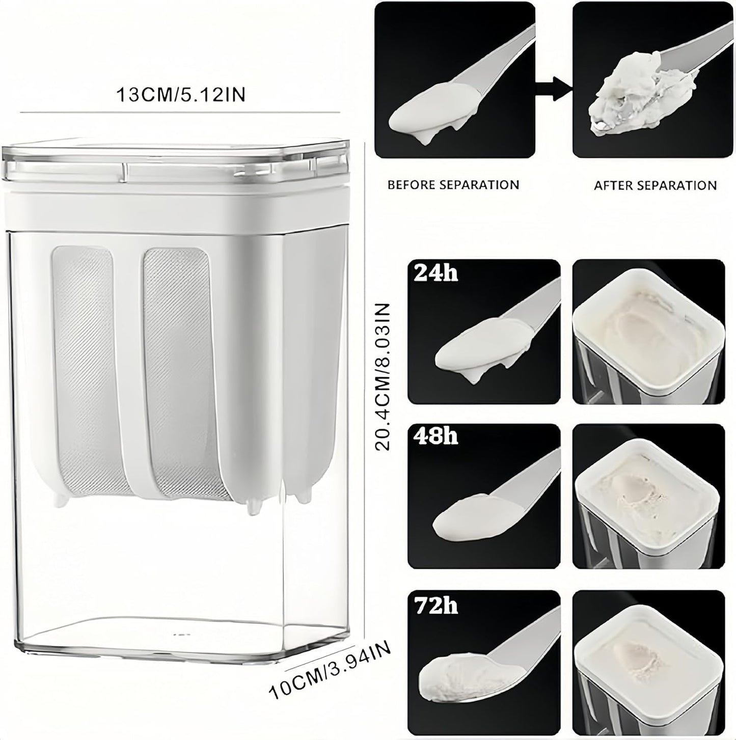 Yogurt Strainer—【1.9QT/0.475GAL Total】 & 【0.9QT/0.23GAL Filter】, Yogurt Strainer Greek Yogurt Strainer Yogurt Press, BPA-Free PP Strainer for Whey Separation（Totle1.9QT）