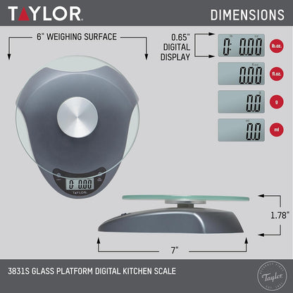 Taylor Digital Kitchen Scale with Glass Platform, Tare Button, and Plastic Body Weighs up to 11 Pounds Capacity, White