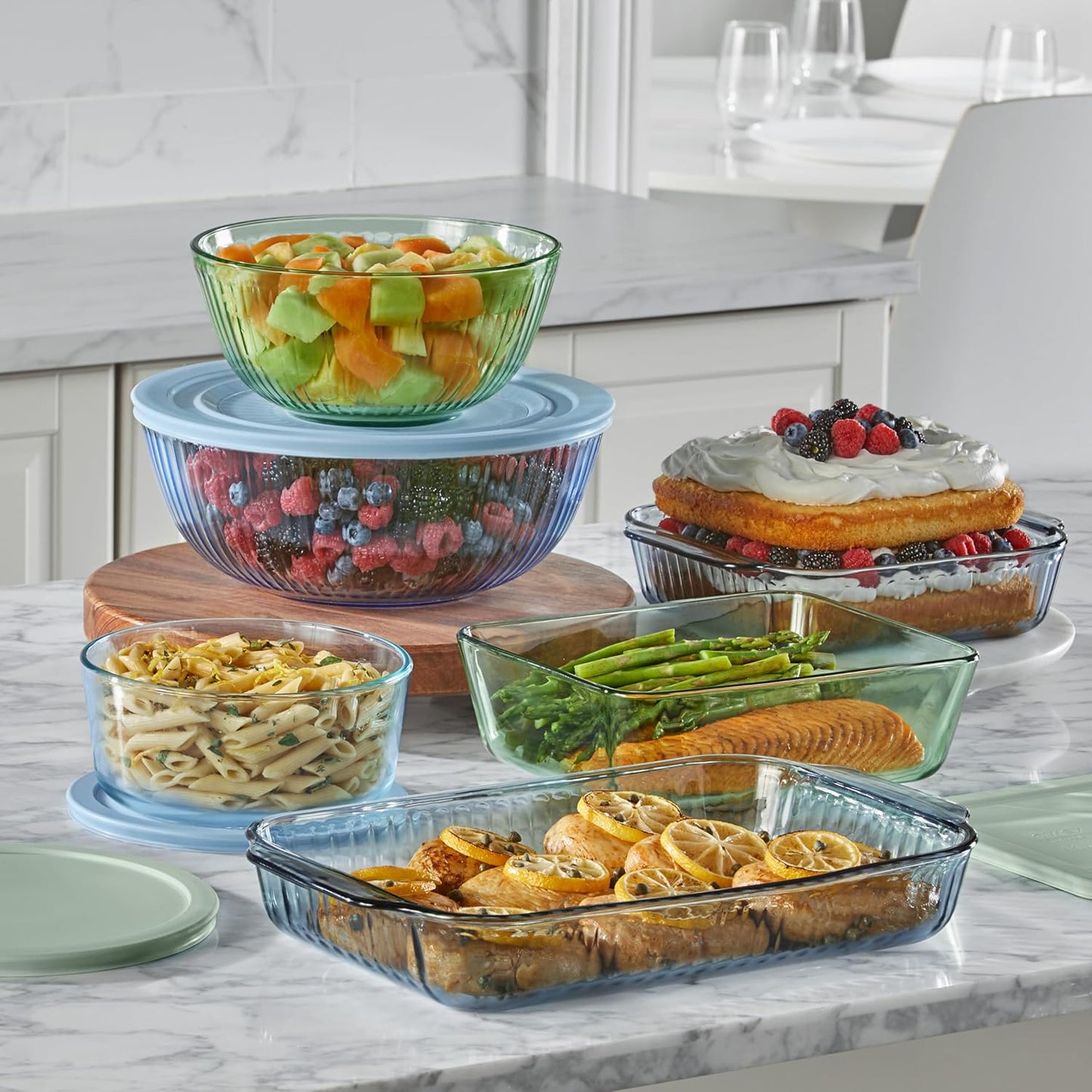 Pyrex Colors Tinted (3-Pack, Full Set) Sculpted Tinted Glass Mixing Bowls With Plastic Lids, Nesting Space Saving Set of Bowls For Prepping and Baking, 1.3QT, 2.3QT & 4.5QT