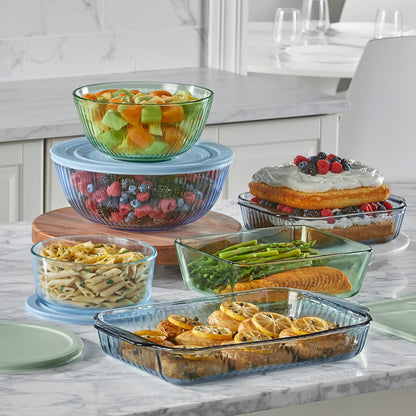 Pyrex Colors Tinted (3-Pack, Full Set) Sculpted Tinted Glass Mixing Bowls With Plastic Lids, Nesting Space Saving Set of Bowls For Prepping and Baking, 1.3QT, 2.3QT & 4.5QT