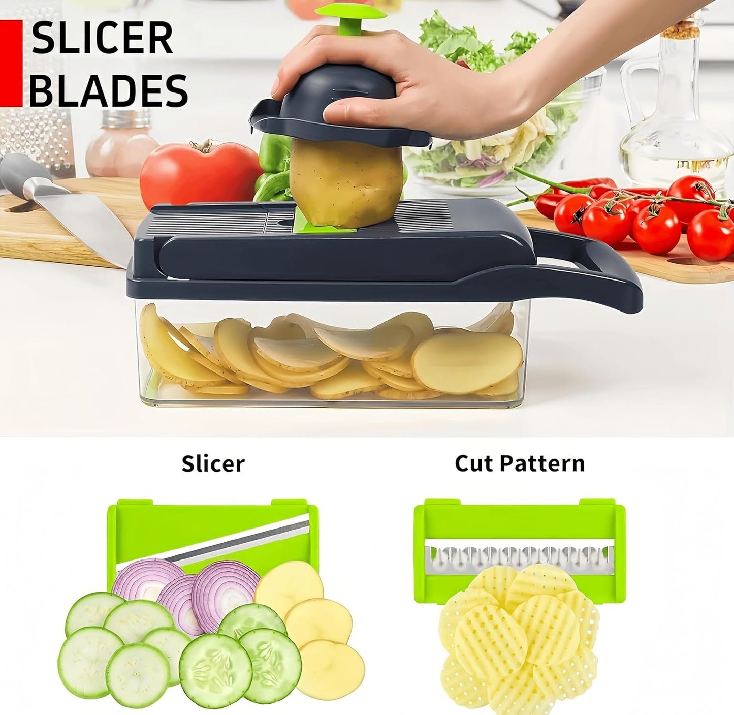 Vegetable Chopper, 7-in-1 Multifunctional Kitchen Slicer & Dicer with 7 Interchangeable Blades for Effortless Meal Prep