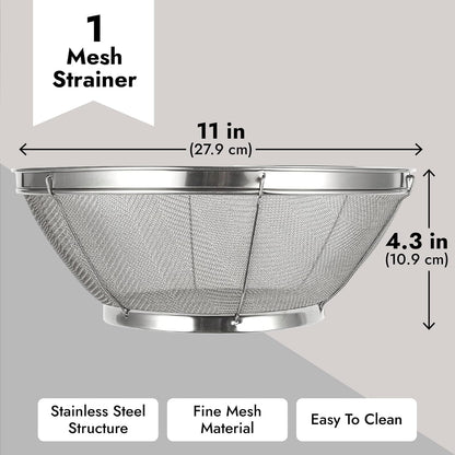 Juvale Stainless Steel Fine Mesh Strainer - Durable Rust-Resistant Mesh Colander - Ergonomic Handle Rice Colander - Ultra-Fine Flour Sifter - Dishwasher Safe with Stable Design - 11 in x 4 in, Silver
