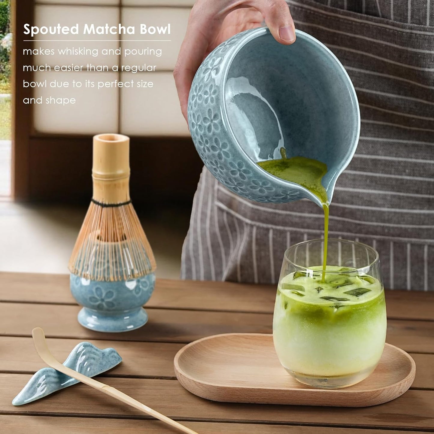 Matcha Whisk Set, Ceramic Bowl Matcha Kit & Handcrafted Bamboo Chasen, Complete 5 Pcs Matcha Set Whisk and Bowl, Stainless Steel Sifter, Bamboo Scoop & Holder for Matcha Lovers