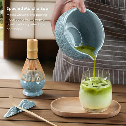 Matcha Whisk Set, Ceramic Bowl Matcha Kit & Handcrafted Bamboo Chasen, Complete 5 Pcs Matcha Set Whisk and Bowl, Stainless Steel Sifter, Bamboo Scoop & Holder for Matcha Lovers