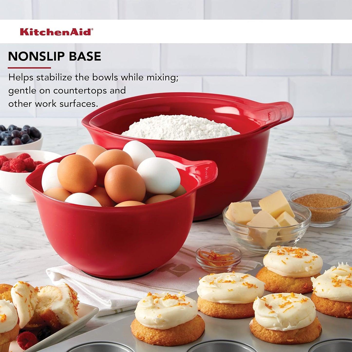 KitchenAid Universal Nesting Plastic Mixing Bowls, Set Of 3, 2.5 quart, 3.5 quart, 4.5 quart, Non Slip Base with Easy Pour Spout to Reduce Mess, Dishwasher Safe, Aqua Sky, White, Gray