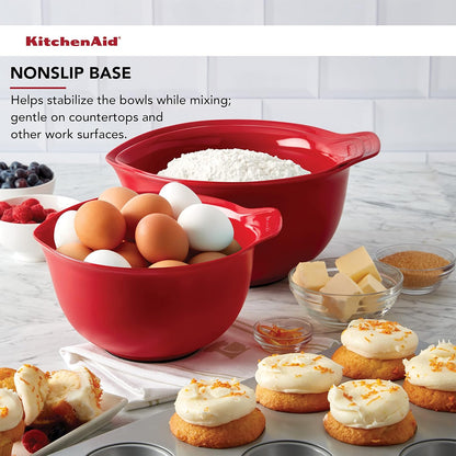 KitchenAid Universal Nesting Plastic Mixing Bowls, Set Of 3, 2.5 quart, 3.5 quart, 4.5 quart, Non Slip Base with Easy Pour Spout to Reduce Mess, Dishwasher Safe, Aqua Sky, White, Gray