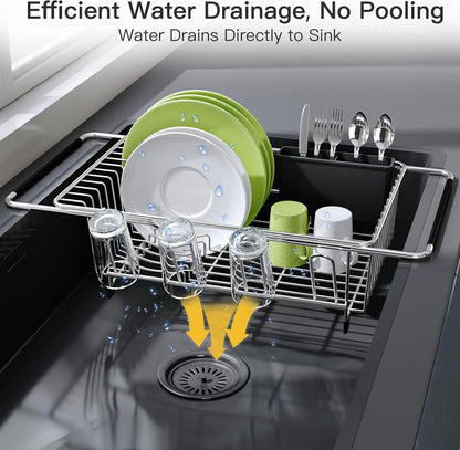 JASIWAY Roll Up Dish Drying Rack, Expandable (12.8"-23.8" D x 12.8" W) Stainless Steel Portable Drainer for Kitchen Sink Counter, Foldable Over The Sink Cover with Removable Utensil Holder