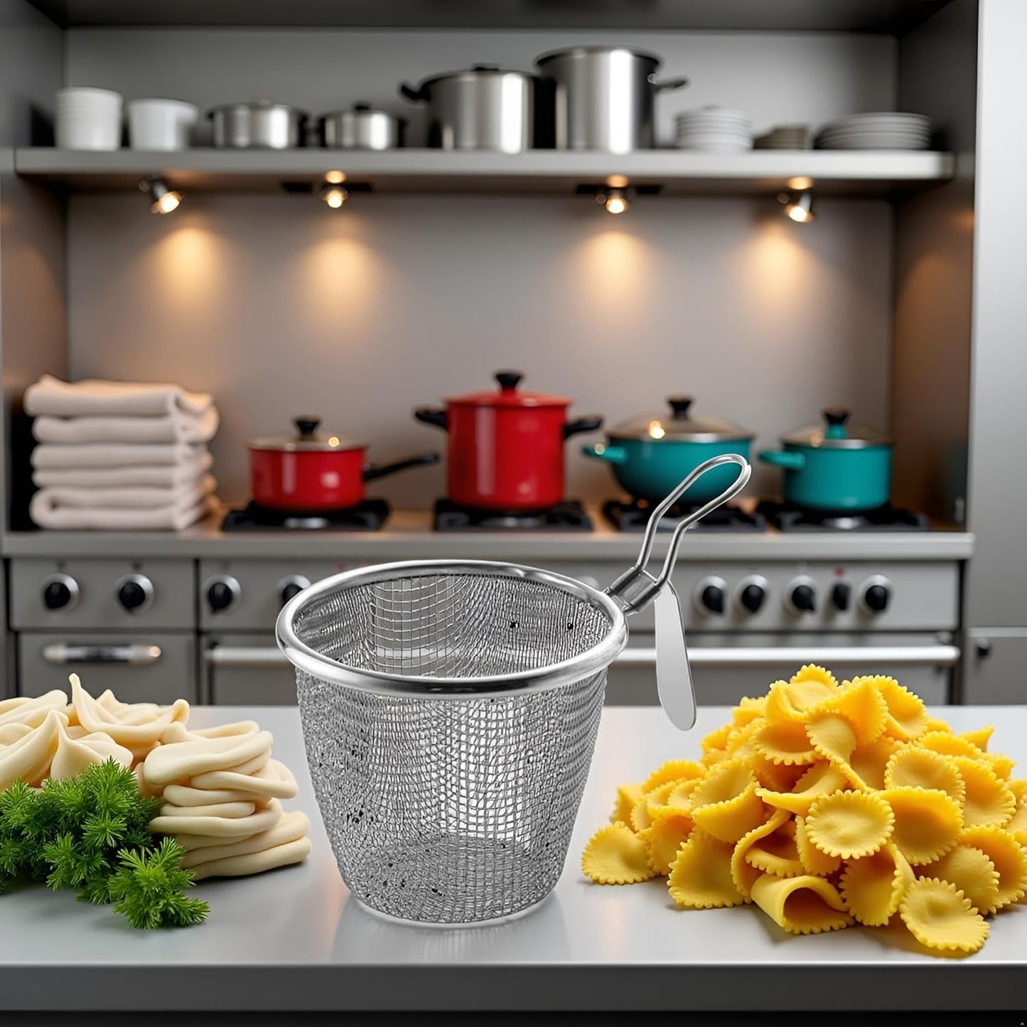Stainless Steel Pasta Basket, Fine Mesh Strainer with Handle, Mesh Spider Food Dumpling Noodle Strainer Food Strainer Kitchen Utensils