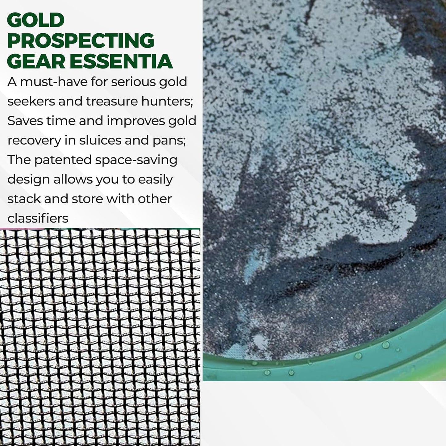 SE 13.25 Inch Wide Stackable Classifier Gold Prospecting Pan - 1/8 Inch Stainless Steel Mesh Sifting Pan, Green