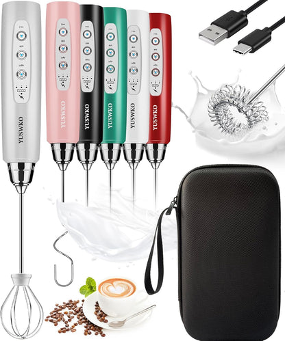 YUSWKO Black Handheld Milk Frother Wand for Coffee, Rechargeable Electric Whisk with 3 Heads 3 Speeds Drink Mixer Coffee Frother For Latte, Cappuccino, Hot Chocolate, Egg