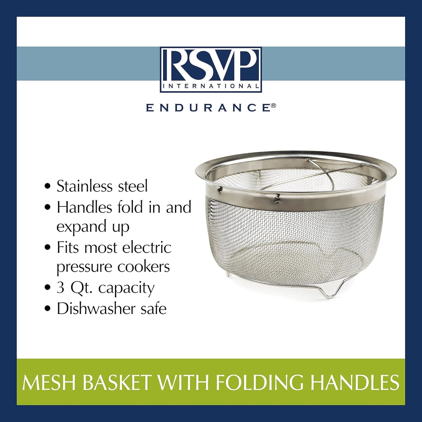 RSVP International Mesh Colander Strainer Basket with Folding Handles, 3 Quarts | For Pasta, Frying, & Salads | Dishwasher Safe | Use in Pressure Cookers | Steaming, Draining & Rinsing