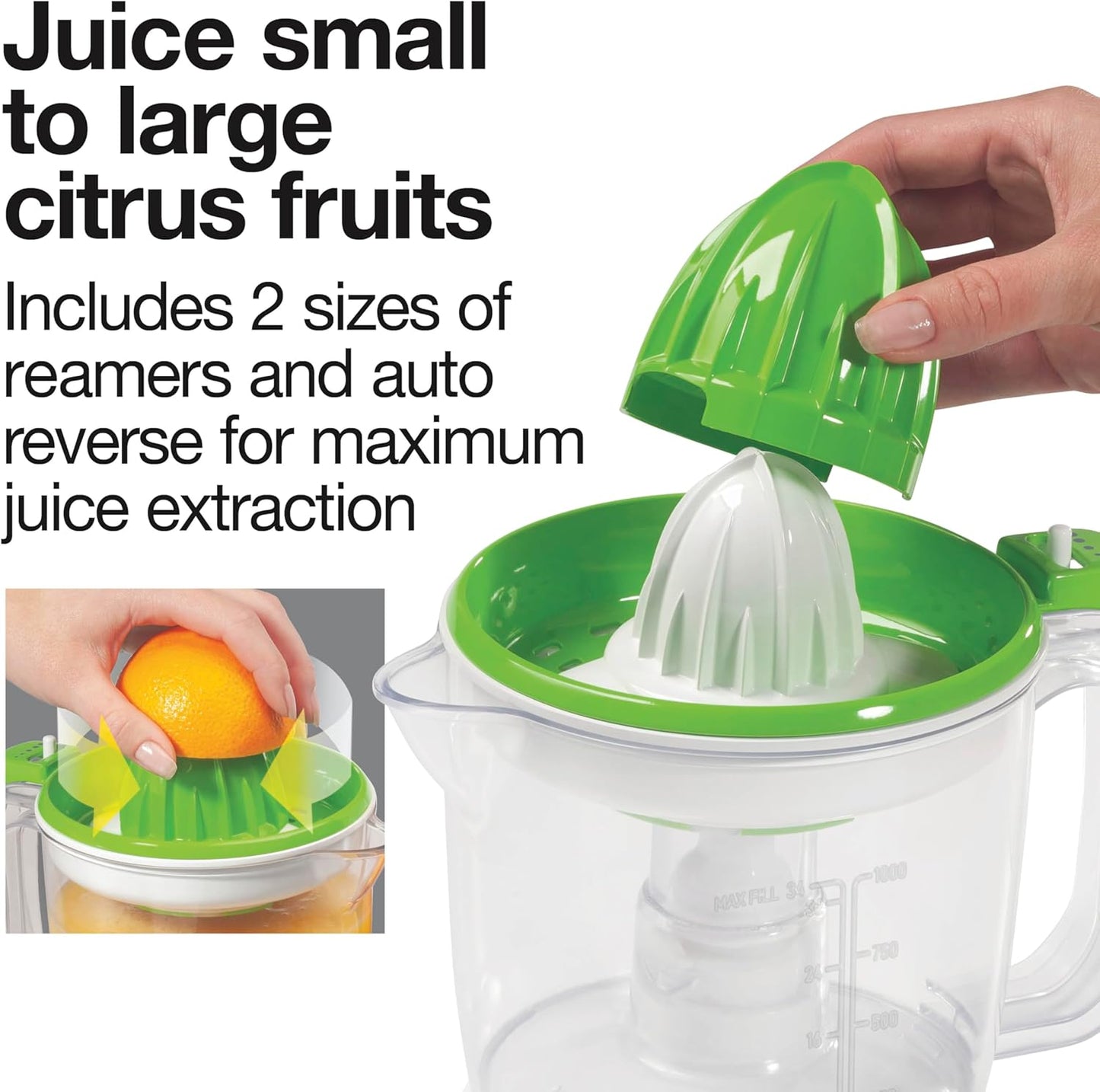 Proctor Silex Electric Citrus Juicer Machine, Large 34 oz. Pitcher, Pressure Activated, 2 Reamers for Big and Small Fruit, Pulp Control, for Orange, Lemon, Grapefruit Juice, White & Green (66340)