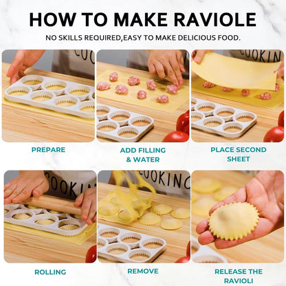 Ravioli Maker Press, Ravioli Press Mold Set - 1.85" Squares Ravioli Stamp Maker Cutter with Wood Rolling Pin, 2.6" Empanada Maker Press Kit and Ravioli Wheel, Makes 8 Ravioli
