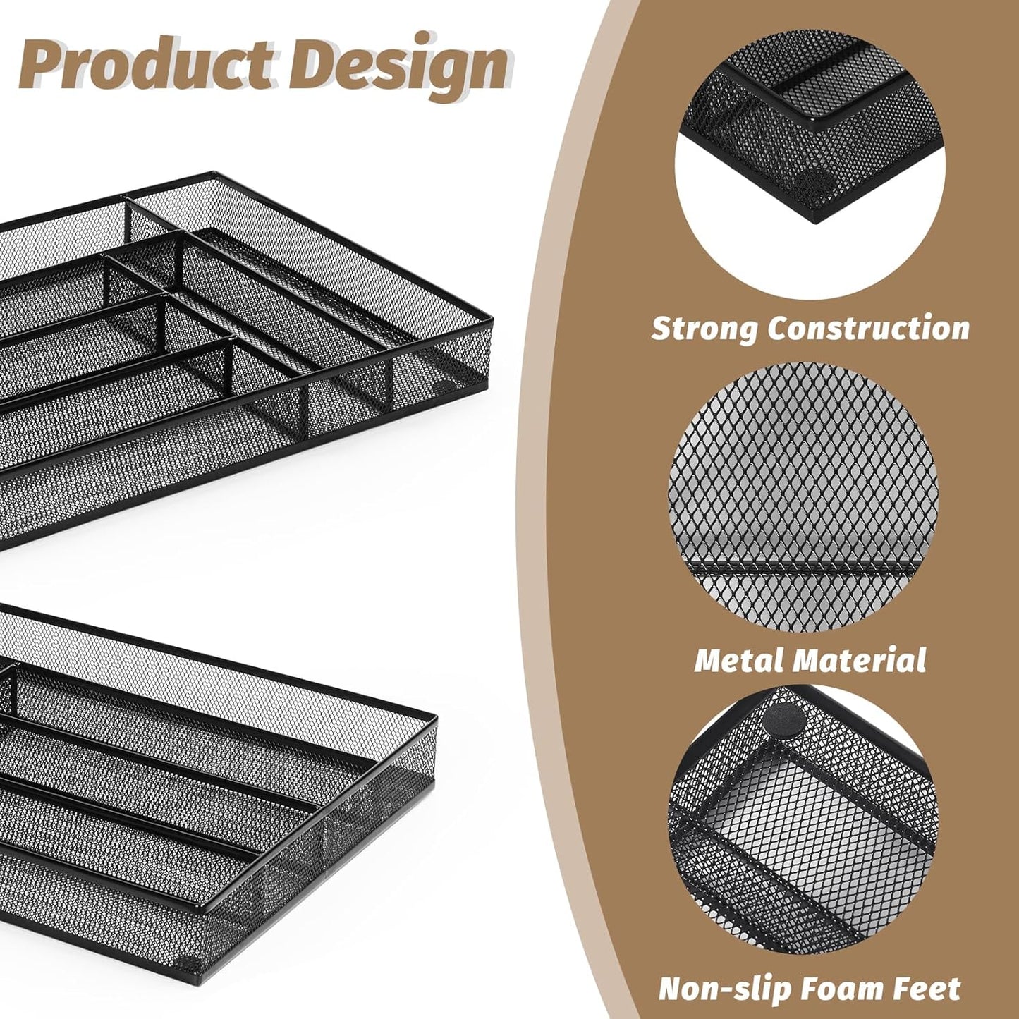 Sedegn Silverware Organizer Metal Mesh, Large Drawer Organizer, Utensil Cutlery Tray for kitchen drawers, Flatware Organizer with 6 Compartment, Black (11.3”*16“)