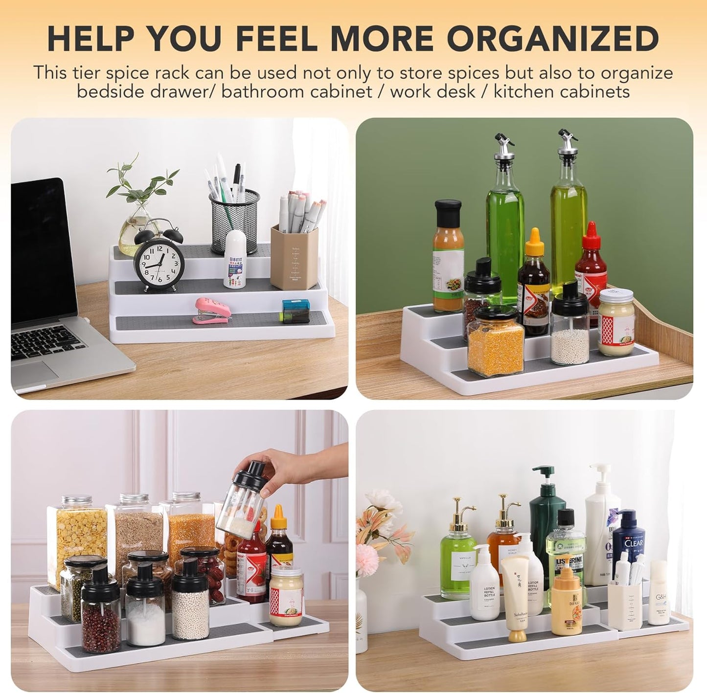 CiWiVOKi 3 Tier Expandable Spice Rack Organizer, White/Grey Plastic Spice Rack, Adjustable Length 14.6In-25.8In, 2 Pack Non-Skid Tiered Spice Shelf Organizer for Kitchen Cabinet, Cupboard, Pantry