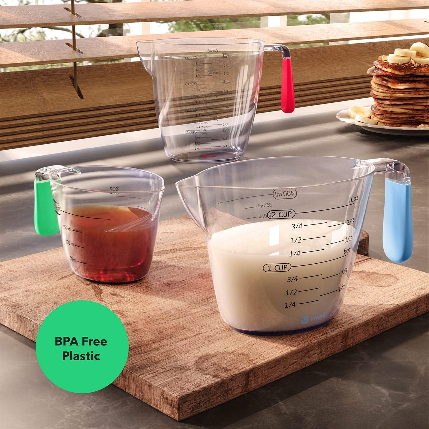 Vremi 3 Piece Plastic Measuring Cups Set - BPA Free Liquid Nesting Stackable Measuring Cups with Spout and Decorative Red Blue and Green Handles - includes 1, 2 and 4 Cup with Ml and Oz Measurement