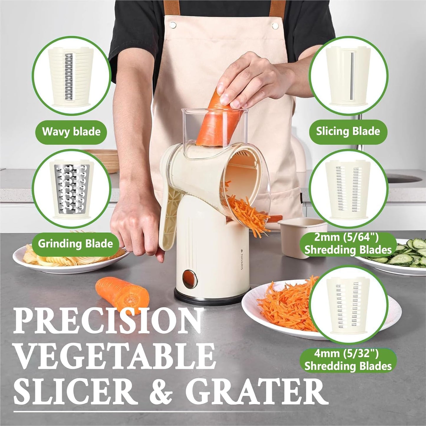 Rotary Cheese Grater with Handle – Multi-Purpose Vegetable Shredder with 5 Interchangeable Blades, Strong Suction Base & Storage Box – Round Mandoline Slicer and Food Chopper for Kitchen
