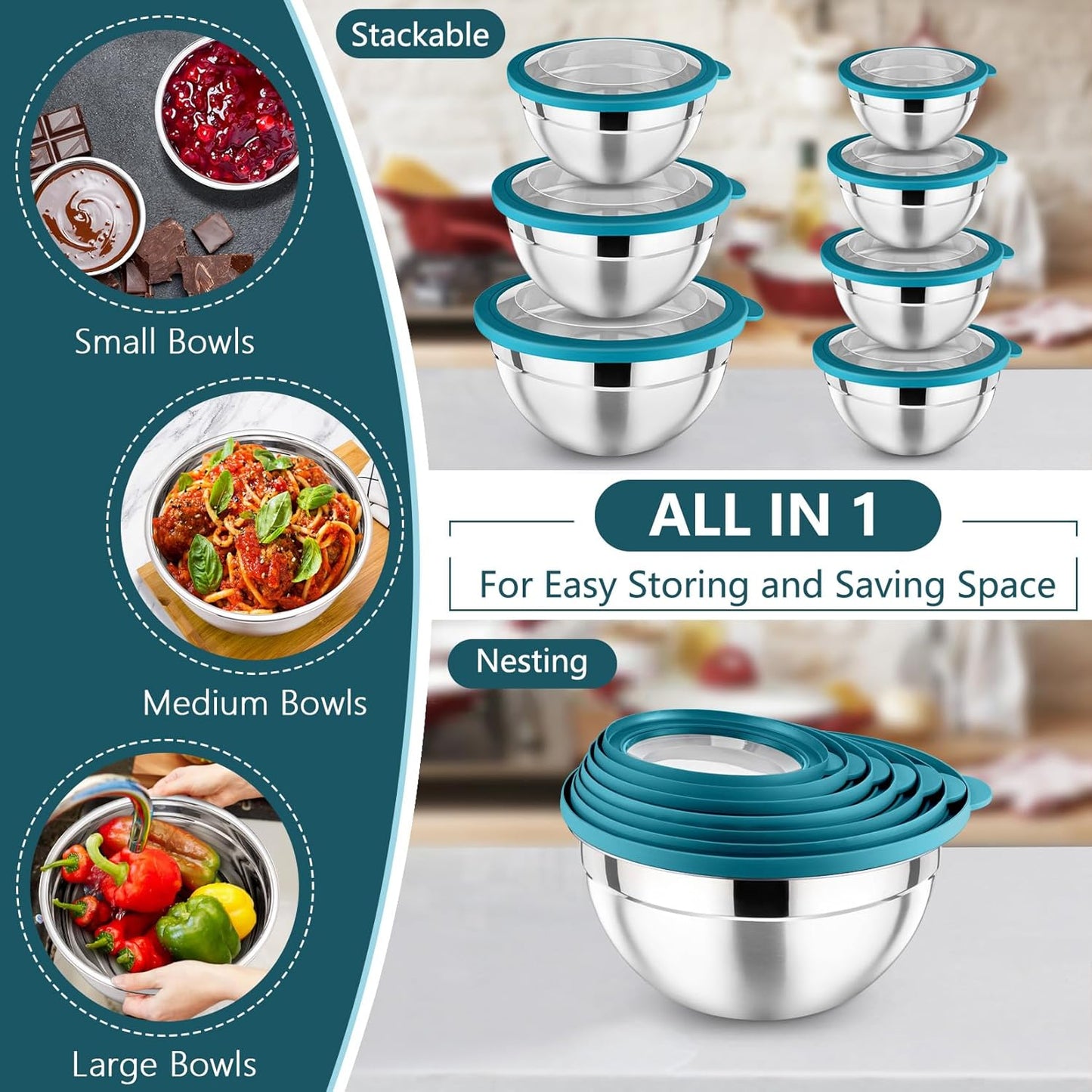 P&P CHEF Mixing Bowl with Lid Set of 7, Stainless Steel Nesting Salad Bowls for Cooking Serving Prepping, Clear Lids & Stackable Design, Size 4.6, 3.5, 3, 2, 1.5, 1, 0.7 Qt - Khaki