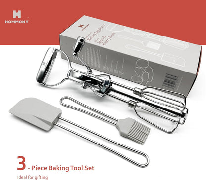 Rotary Egg Beater 12", Stainless Steel Baking Set with Silicone Spatula and Basting Pastry Brush