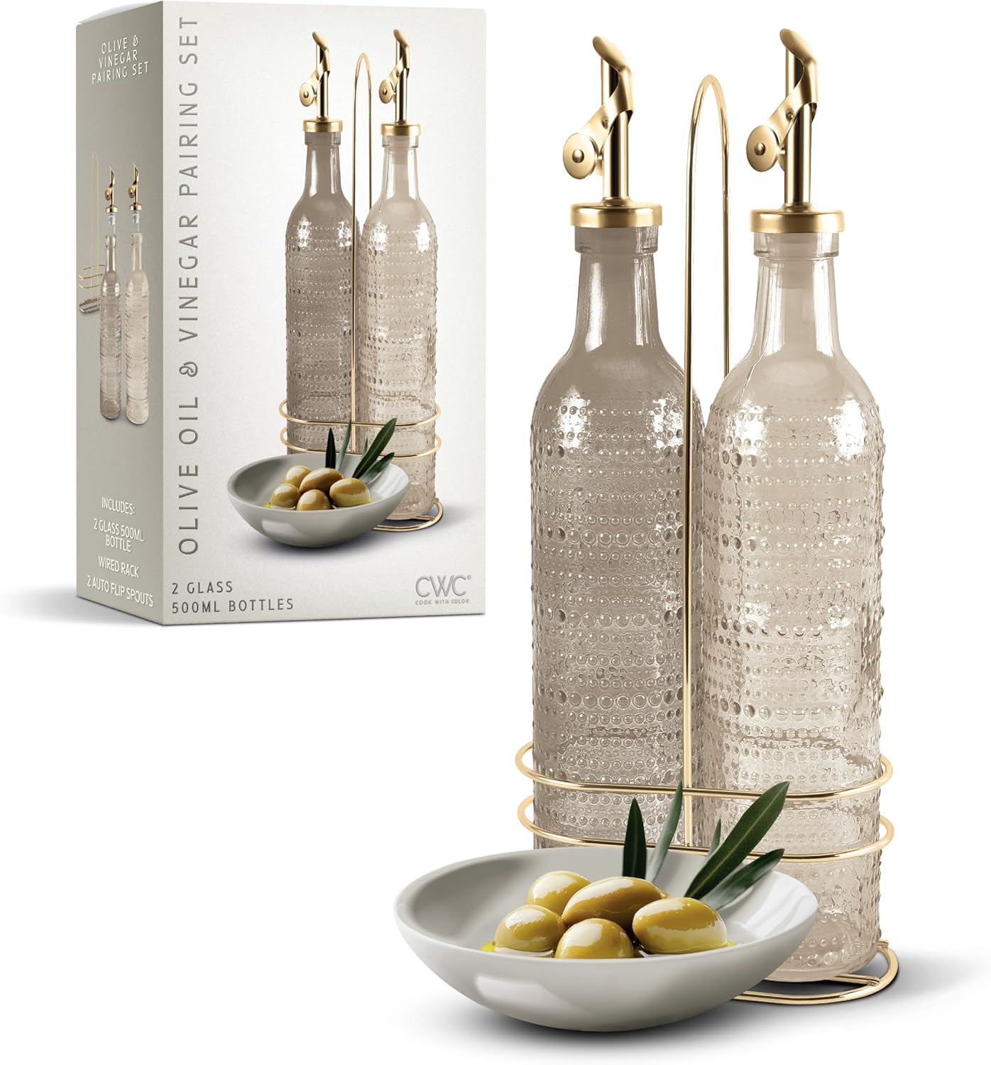 COOK WITH COLOR Glass Olive Oil Bottle Dispenser - 2 Pack- 17oz Oil and Vinegar Cruet - Olive Oil Carafe Decanter for Kitchen, Elegant Waves, Clear