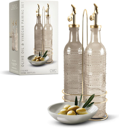 COOK WITH COLOR Glass Olive Oil Bottle Dispenser - 2 Pack- 17oz Oil and Vinegar Cruet - Olive Oil Carafe Decanter for Kitchen, Elegant Waves, Clear