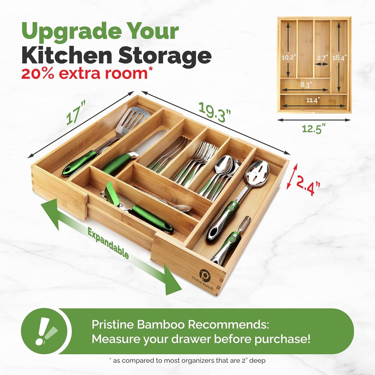 Pristine Bamboo Silverware Organizer - Small Extra-Deep Wooden Kitchen Drawer Organizer Divider for Spoons, Forks, Knives & Cutleries - 5 Slots