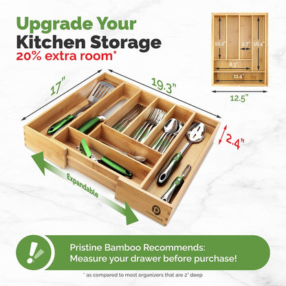 Pristine Bamboo Silverware Organizer - Small Extra-Deep Wooden Kitchen Drawer Organizer Divider for Spoons, Forks, Knives & Cutleries - 5 Slots