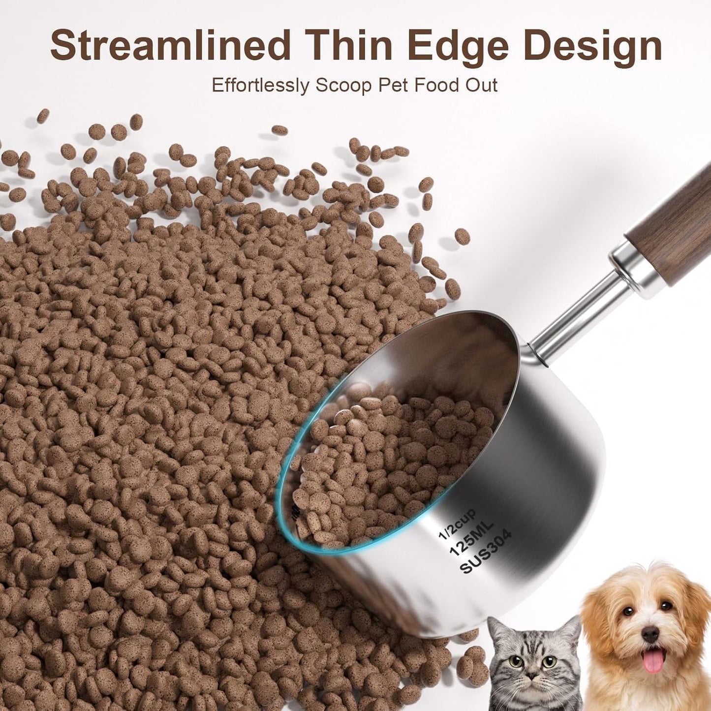 Food Scoop Measuring Cup - 1/4 Cup (4 Tablespoon | 2 Oz. | 60 mL),304 stainless steels,Black walnut long handle