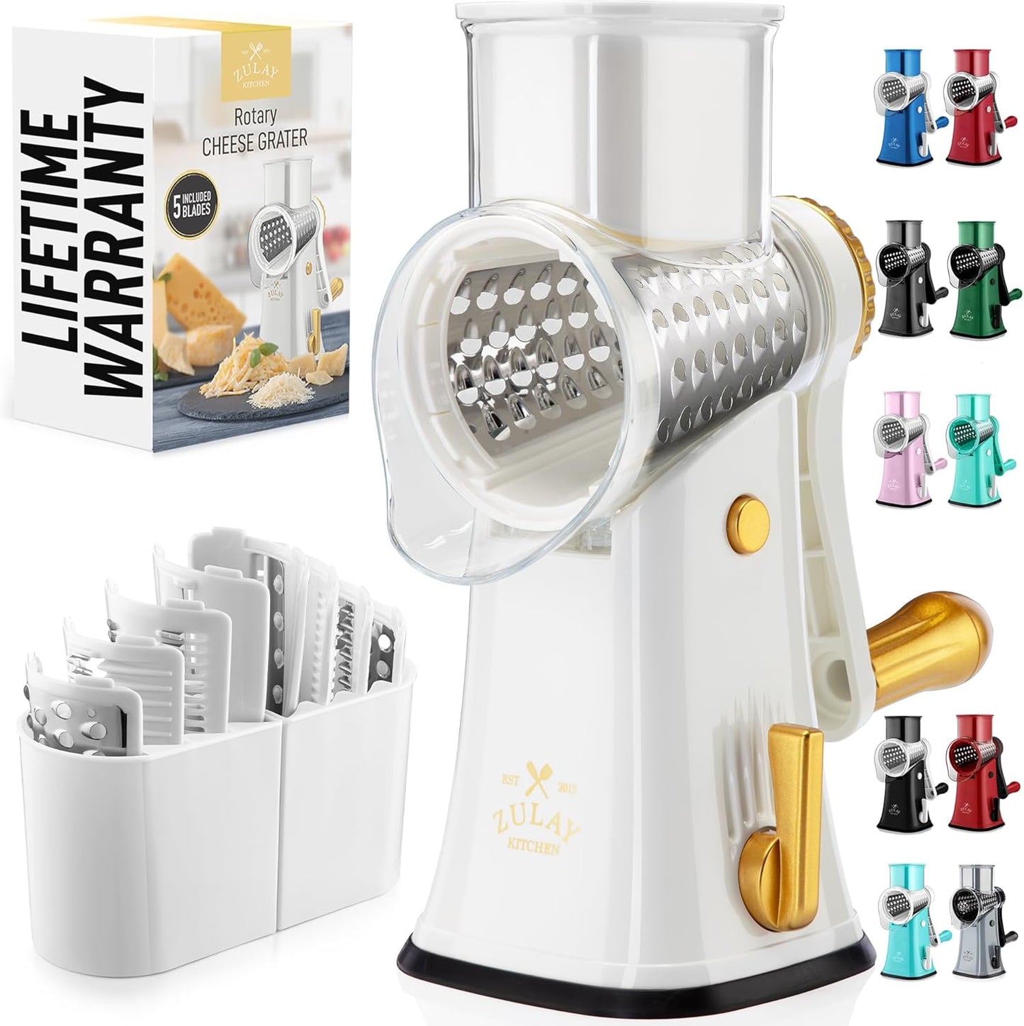 Zulay Kitchen Rotary Cheese Grater 5 Blade Cheese Shredder - Manual Hand Crank Cheese Grater With Reinforced Suction & 5 Interchangeable Drums - Easy to Use, Vegetable Chopper Round Mandoline Slicer - Colors A