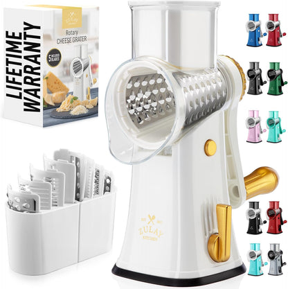 Zulay Kitchen Rotary Cheese Grater 5 Blade Cheese Shredder - Manual Hand Crank Cheese Grater With Reinforced Suction & 5 Interchangeable Drums - Easy to Use, Vegetable Chopper Round Mandoline Slicer - Colors A