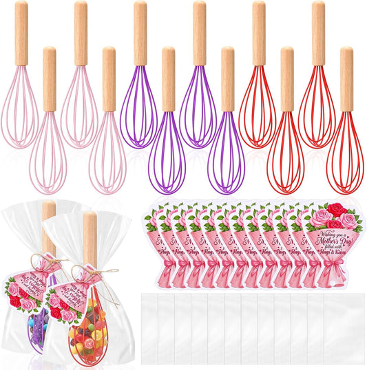 Ceenna 24 Set Mother's Day Party Gifts Set Silicone Whisks with Wooden Handle 9.84 Inch Whisk Baking Supplies Gift with Bouquet Shaped Cards Plastic Bags Ropes for Mom Cooking Mother's Day Party Gift