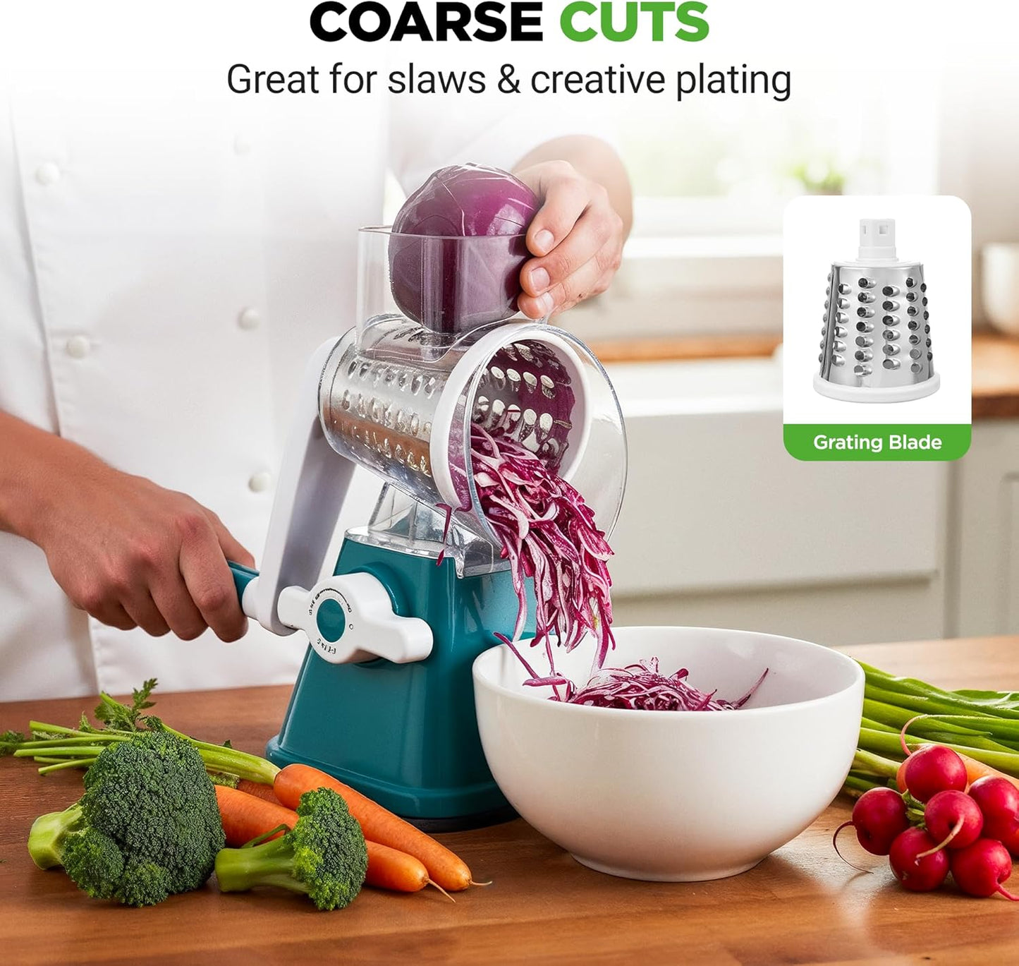 NutriChef 3 in 1 Cheese Grater & Shredder | Strong Suction Base, Rotary Handle with Safety Lock | Includes Hand Crank & 3 Drum Blades for 3 Textures, Fine, Medium & Strips | White