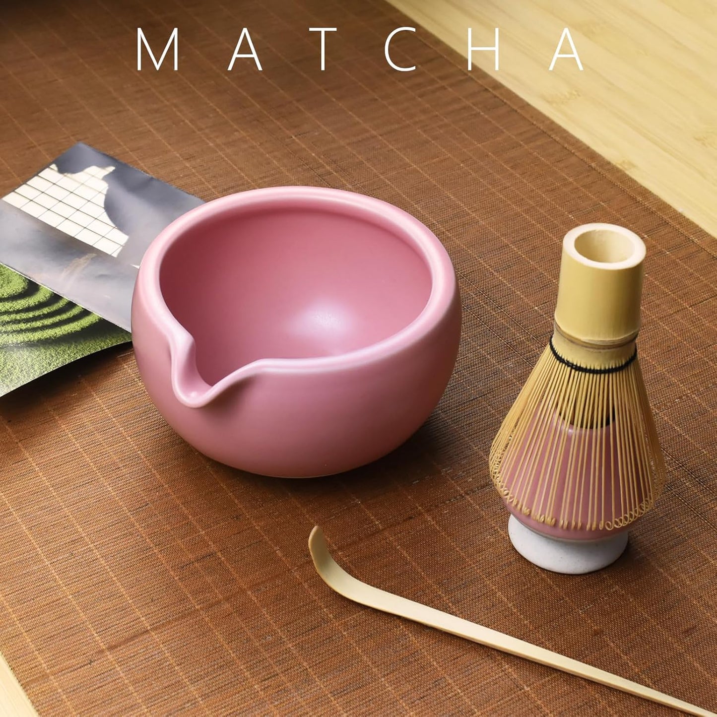 Artcome 4 Pcs Complete Matcha Ceremony Kit - Japanese Bowl With Pouring Spout, Whisk, Holder, Scoop - Tea Set for Making Usucha, Koicha and Latte (Green)