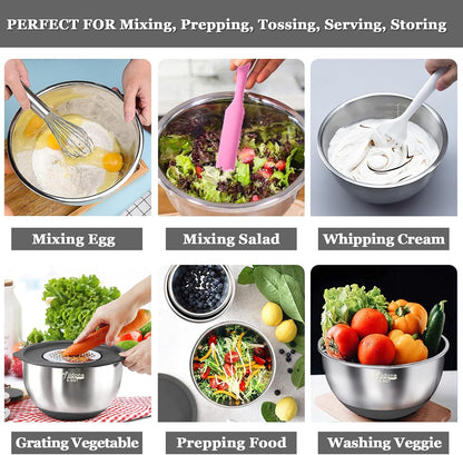 Wildone Mixing Bowls with Airtight Lids, 22 PCS Stainless Steel Nesting Bowls, with 3 Grater Attachments, Scale Marks & Non-Slip Bottom, Size 5, 4, 3, 2,1.5, 0.63QT, Ideal for Mixing & Prepping