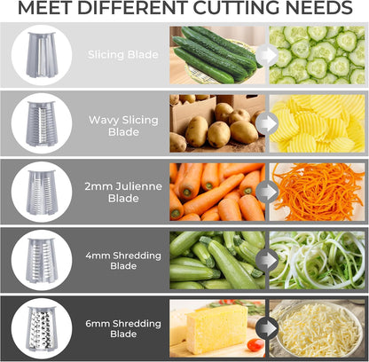SUSTEAS Rotary Cheese Grater with Handle - Vegetable Shredder with 5 Well-designed Blades & Strong Suction Base,Round Mandoline Slicer & Food Chopper for Kitchen,with Blade Storage Box(Beige)