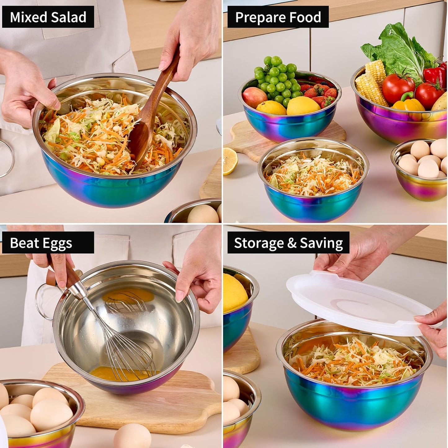 Red Mixing Bowls with Lids Set of 7, Stainless Steel Nesting Bowl with Khaki Lid for Non-slip Mixing Prepping Storing Serving, 7 Sizes-7/3.6/2.7/2.1/1.5/1/0.8 QT