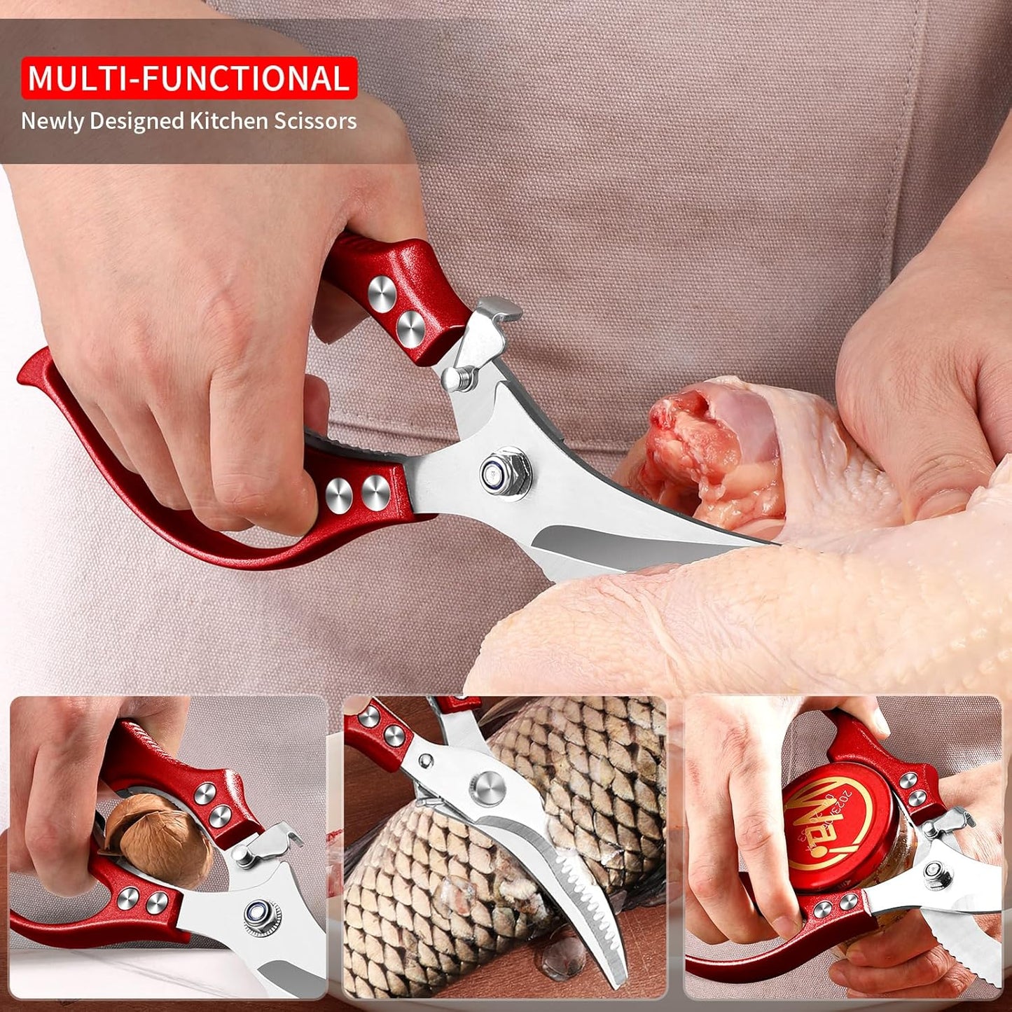 MAD SHARK Heavy Duty Poultry Shears, Kitchen Shears with Non-Slip Handle & Safety Lock, All Purpose Kitchen Scissors for Chicken, Meat Cutting, Turkey, Fish, Vegetables, Spring Loaded, Dishwasher Safe
